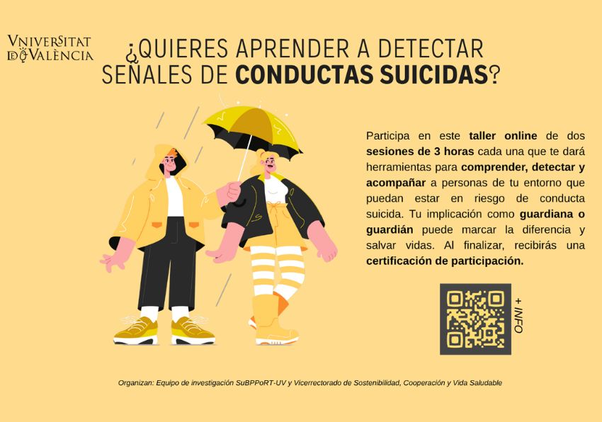 Participa en aquest taller en línia de dues sessions de 3 hores cadascuna que t’oferirà eines per comprendre, detectar i acompanyar persones del teu entorn que puguen estar en risc de conducta suïcida. La teua implicació com a guardiana o guardià pot marcar la diferència i salvar vides.
